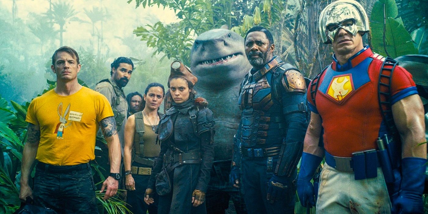 Members of the Suicide Squad including Peacemaker, Rick Flag, Bloodsport, King Shark, and Ratcatcher-2