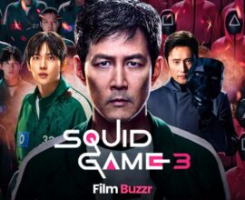 Squid Game Season 3 poster with returning cast, masked guards, and new players