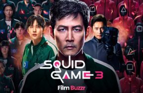 Squid Game Season 3 poster with returning cast, masked guards, and new players