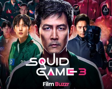 Squid Game Season 3 poster with returning cast, masked guards, and new players