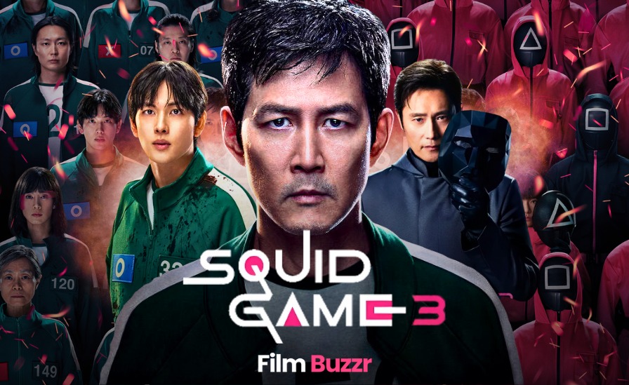 Squid Game Season 3 poster with returning cast, masked guards, and new players