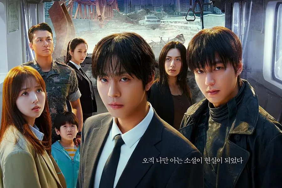 Side-by-side comparison of the live-action cast and webtoon characters from Omniscient Reader’s Viewpoint, showcasing Kim Dokja and Yoo Joonghyuk with apocalyptic background and supporting characters