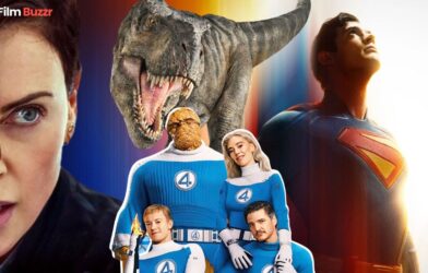 July 2025 movie releases lineup featuring Superman, Fantastic Four, Jurassic World, Happy Gilmore 2, and more.