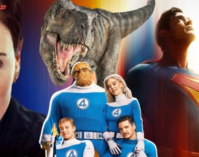 July 2025 movie releases lineup featuring Superman, Fantastic Four, Jurassic World, Happy Gilmore 2, and more.