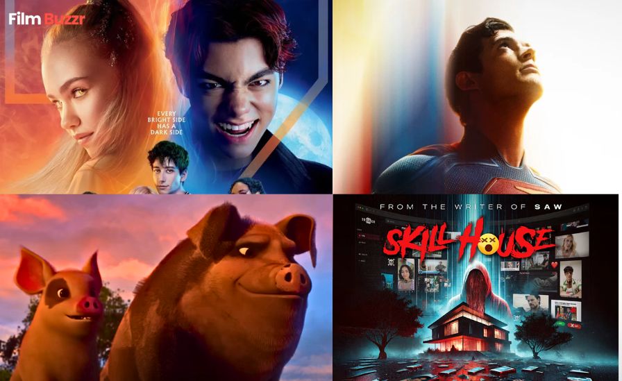 July 2025 movie releases lineup featuring Superman, Fantastic Four, Jurassic World, Happy Gilmore 2, and more