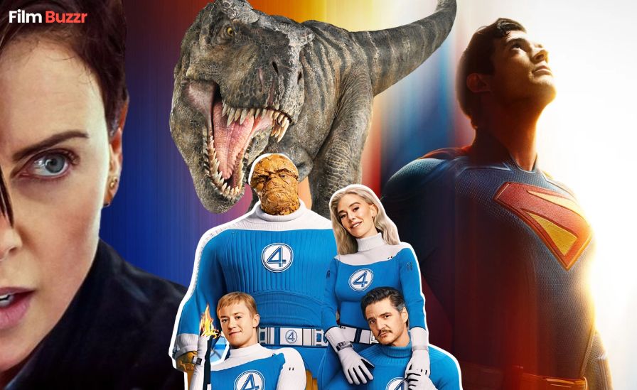 July 2025 movie releases lineup featuring Superman, Fantastic Four, Jurassic World, Happy Gilmore 2, and more.