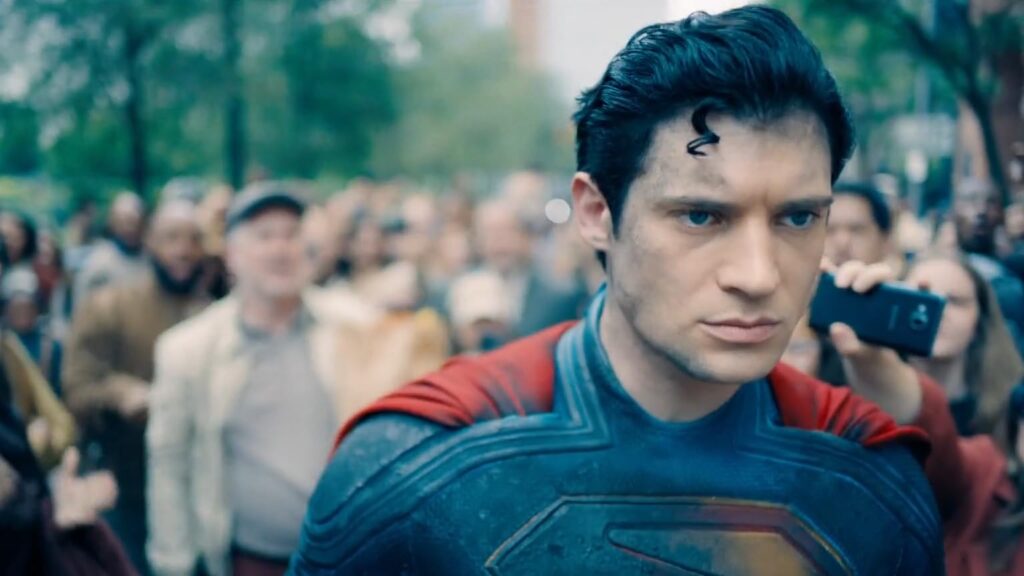 David Corenswet as Superman in the 2025 reboot, featuring two heroic poses with vibrant lighting and the iconic 'S' symbol on his suit