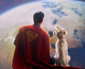 Superman in James Gunn’s 2025 reboot, wearing his iconic red cape, sits alongside Krypto the Superdog as they gaze at Earth from space. Superman box office 1 week