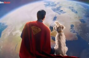 Superman in James Gunn’s 2025 reboot, wearing his iconic red cape, sits alongside Krypto the Superdog as they gaze at Earth from space. Superman box office 1 week