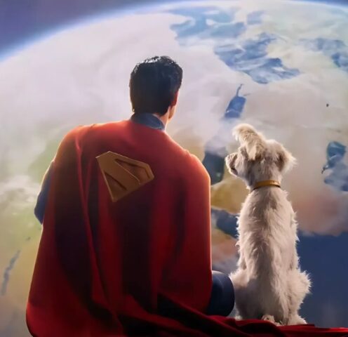 Superman in James Gunn’s 2025 reboot, wearing his iconic red cape, sits alongside Krypto the Superdog as they gaze at Earth from space. Superman box office 1 week