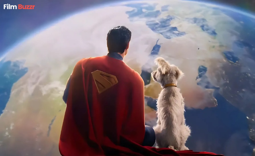 Superman in James Gunn’s 2025 reboot, wearing his iconic red cape, sits alongside Krypto the Superdog as they gaze at Earth from space. Superman box office 1 week