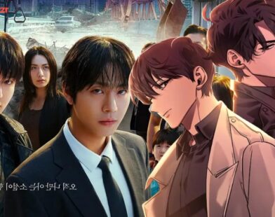 Side-by-side comparison of the live-action cast and webtoon characters from Omniscient Reader’s Viewpoint, showcasing Kim Dokja and Yoo Joonghyuk with apocalyptic background and supporting characters