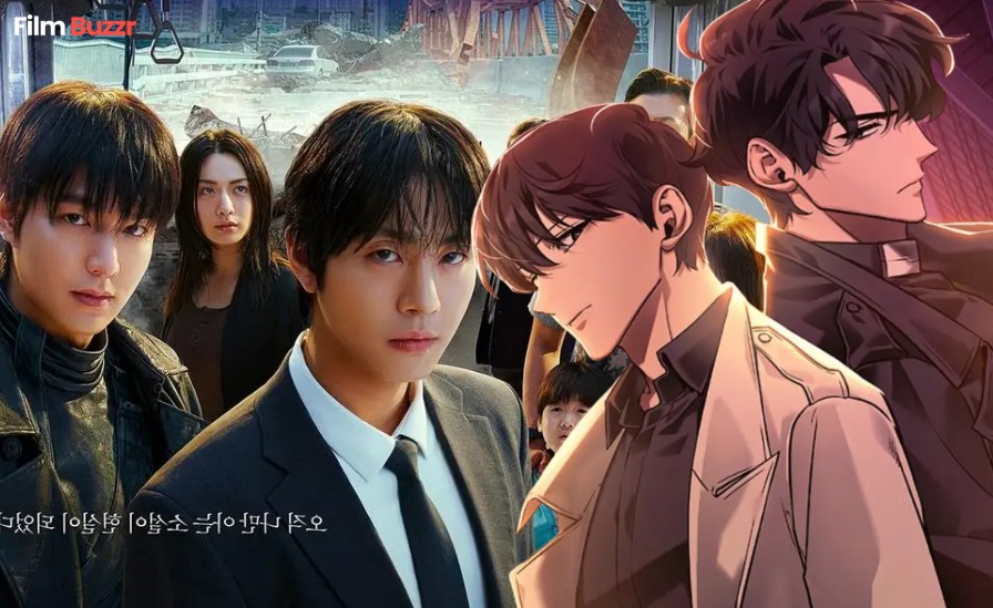Side-by-side comparison of the live-action cast and webtoon characters from Omniscient Reader’s Viewpoint, showcasing Kim Dokja and Yoo Joonghyuk with apocalyptic background and supporting characters