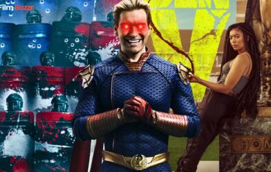 Characters from The Boys Universe including Homelander and Gen V's Marie with text about upcoming series