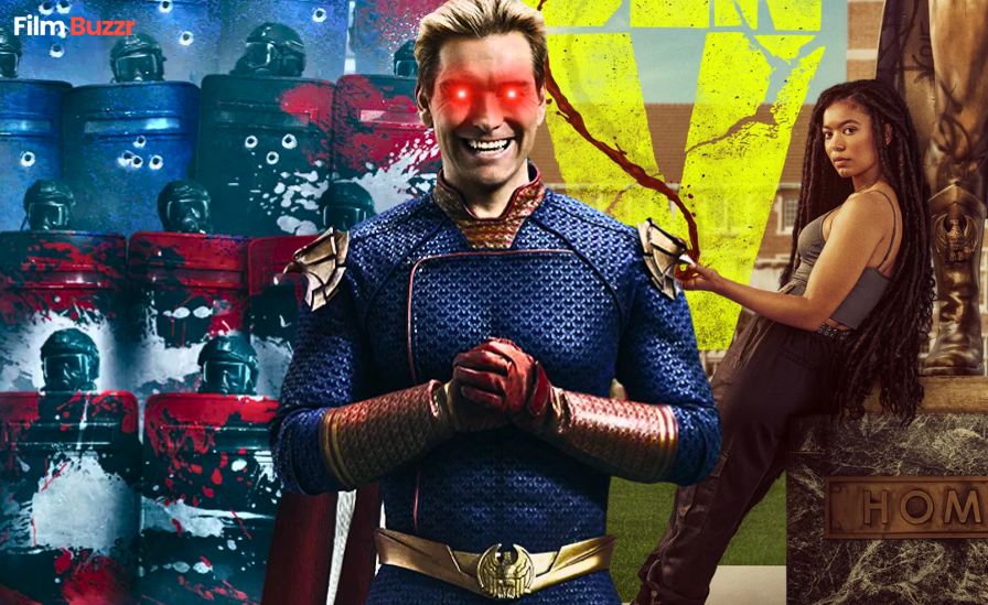 Characters from The Boys Universe including Homelander and Gen V's Marie with text about upcoming series