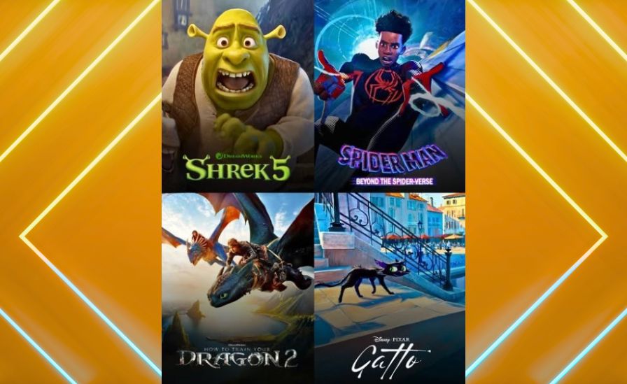 Collage of upcoming June 2027 movies including How to Train Your Dragon 2, Gatto, Spider-Man Beyond the Spider-Verse, and Shrek 5