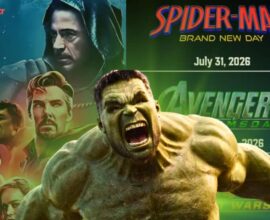 Hulk roaring in front of Marvel’s upcoming films Spider-Man: Brand New Day, Avengers: Doomsday, and Avengers: Secret Wars release schedule