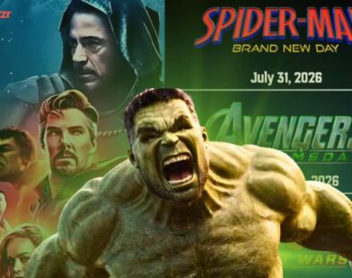 Hulk roaring in front of Marvel’s upcoming films Spider-Man: Brand New Day, Avengers: Doomsday, and Avengers: Secret Wars release schedule