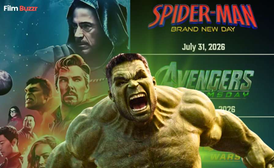 Hulk roaring in front of Marvel’s upcoming films Spider-Man: Brand New Day, Avengers: Doomsday, and Avengers: Secret Wars release schedule