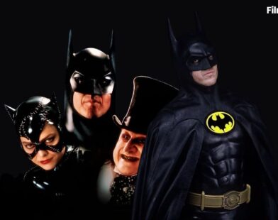 Tim Burton’s Batman and Batman Returns characters – Michael Keaton as Batman, Michelle Pfeiffer as Catwoman, Danny DeVito as Penguin, Jack Nicholson’s Joker — official poster for August 25 Dolby Cinema re-release at AMC, classic DC superhero movies.