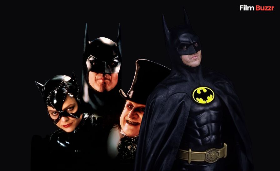 Tim Burton’s Batman and Batman Returns characters – Michael Keaton as Batman, Michelle Pfeiffer as Catwoman, Danny DeVito as Penguin, Jack Nicholson’s Joker — official poster for August 25 Dolby Cinema re-release at AMC, classic DC superhero movies.