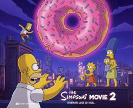 The Simpsons Movie 2 poster teasing Homer reaching for a doughnut with Springfield skyline in the background.