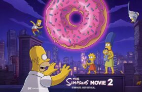 The Simpsons Movie 2 poster teasing Homer reaching for a doughnut with Springfield skyline in the background.