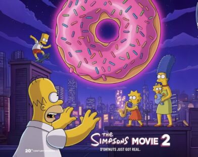 The Simpsons Movie 2 poster teasing Homer reaching for a doughnut with Springfield skyline in the background.