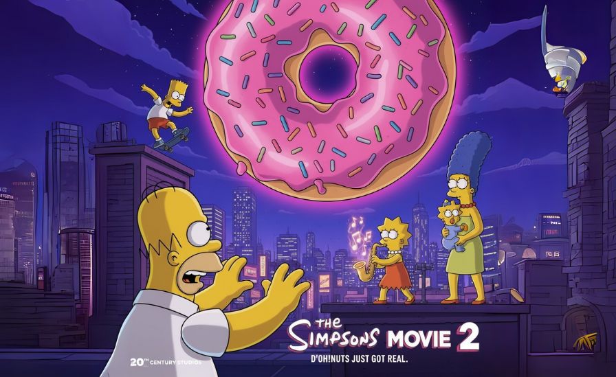 The Simpsons Movie 2 poster teasing Homer reaching for a doughnut with Springfield skyline in the background.