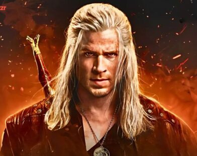 First official look at Liam Hemsworth as Geralt of Rivia in The Witcher Season 4, wearing Geralt’s iconic armor and holding a sword.