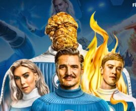 Fantastic Four First Steps poster featuring Pedro Pascal, Vanessa Kirby, Joseph Quinn, and Ebon Moss-Bachrach in Marvel Phase Six film
