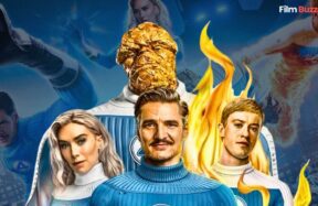 Fantastic Four First Steps poster featuring Pedro Pascal, Vanessa Kirby, Joseph Quinn, and Ebon Moss-Bachrach in Marvel Phase Six film