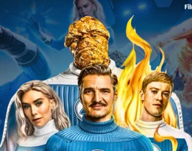 Fantastic Four First Steps poster featuring Pedro Pascal, Vanessa Kirby, Joseph Quinn, and Ebon Moss-Bachrach in Marvel Phase Six film