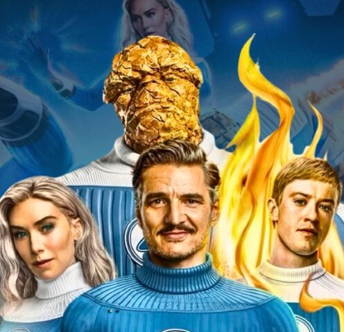 Fantastic Four First Steps poster featuring Pedro Pascal, Vanessa Kirby, Joseph Quinn, and Ebon Moss-Bachrach in Marvel Phase Six film