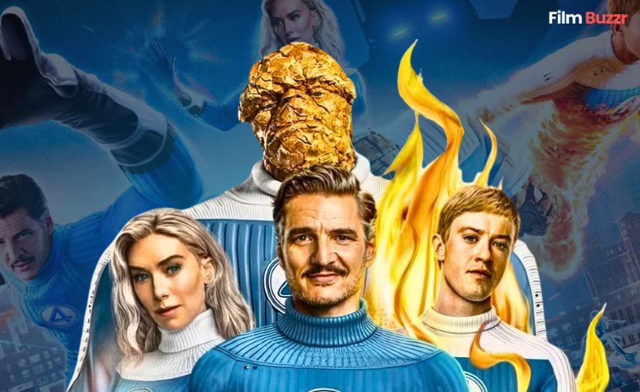 Fantastic Four First Steps poster featuring Pedro Pascal, Vanessa Kirby, Joseph Quinn, and Ebon Moss-Bachrach in Marvel Phase Six film