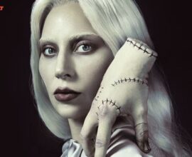 Lady Gaga as Rosaline Rotwood in Wednesday Season 2 with Thing on her shoulder