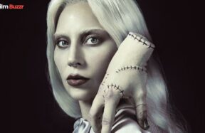 Lady Gaga as Rosaline Rotwood in Wednesday Season 2 with Thing on her shoulder