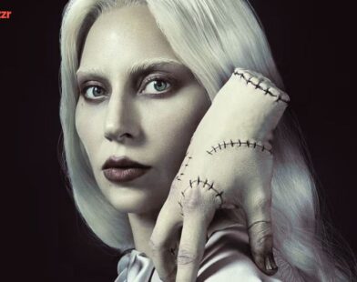 Lady Gaga as Rosaline Rotwood in Wednesday Season 2 with Thing on her shoulder