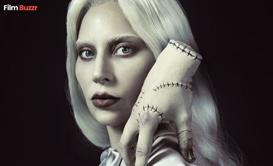 Lady Gaga as Rosaline Rotwood in Wednesday Season 2 with Thing on her shoulder