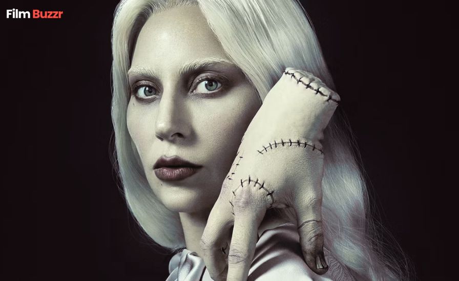 Lady Gaga as Rosaline Rotwood in Wednesday Season 2 with Thing on her shoulder