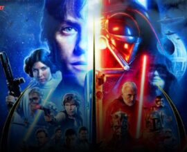 A cinematic Star Wars poster showcasing iconic characters from the Skywalker Saga and Disney+ series, illuminated by dramatic galactic lighting — representing the evolution of Star Wars trailers through time.