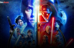 A cinematic Star Wars poster showcasing iconic characters from the Skywalker Saga and Disney+ series, illuminated by dramatic galactic lighting — representing the evolution of Star Wars trailers through time.