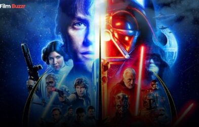 A cinematic Star Wars poster showcasing iconic characters from the Skywalker Saga and Disney+ series, illuminated by dramatic galactic lighting — representing the evolution of Star Wars trailers through time.