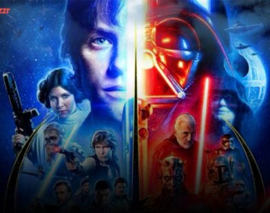 A cinematic Star Wars poster showcasing iconic characters from the Skywalker Saga and Disney+ series, illuminated by dramatic galactic lighting — representing the evolution of Star Wars trailers through time.