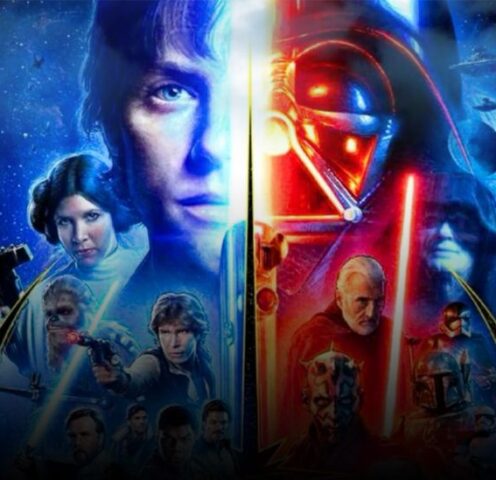 A cinematic Star Wars poster showcasing iconic characters from the Skywalker Saga and Disney+ series, illuminated by dramatic galactic lighting — representing the evolution of Star Wars trailers through time.