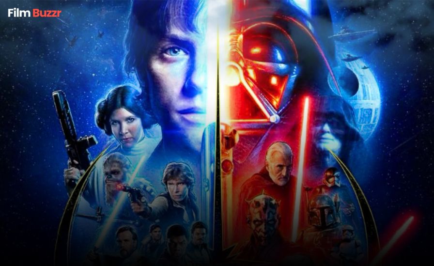A cinematic Star Wars poster showcasing iconic characters from the Skywalker Saga and Disney+ series, illuminated by dramatic galactic lighting — representing the evolution of Star Wars trailers through time.