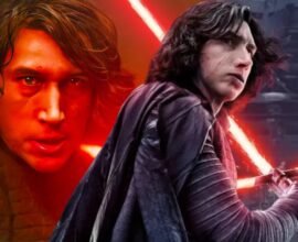 Adam Driver as Kylo Ren standing under dim red lighting with a lightsaber, symbolizing The Hunt for Ben Solo — a rejected Star Wars sequel concept.