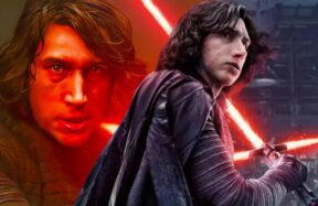 Adam Driver as Kylo Ren standing under dim red lighting with a lightsaber, symbolizing The Hunt for Ben Solo — a rejected Star Wars sequel concept.