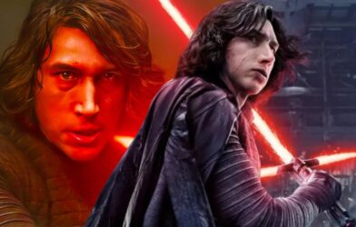 Adam Driver as Kylo Ren standing under dim red lighting with a lightsaber, symbolizing The Hunt for Ben Solo — a rejected Star Wars sequel concept.