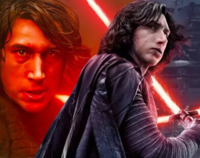 Adam Driver as Kylo Ren standing under dim red lighting with a lightsaber, symbolizing The Hunt for Ben Solo — a rejected Star Wars sequel concept.